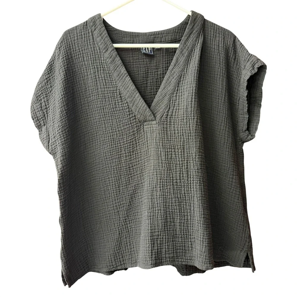 Gap V-Neck Top Women XL Black Crinkle Gauze Cotton Short Sleeve Relaxed Fit